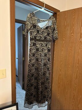 Black and Cream Floral Lace Maxi Dress - Women's Evening Gown